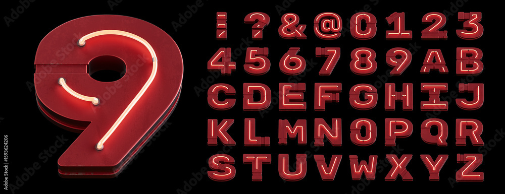 Poster bright neon font with fluorescent tubes.metallic futuristic cyberpunk alphabet. 3d rendering isolate