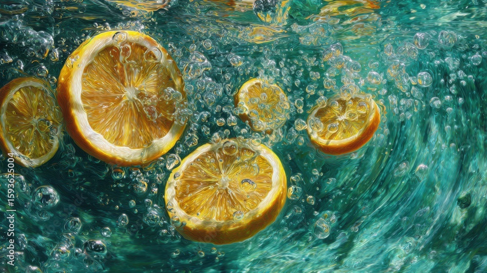 Poster multiple lemon slices twirling as they fall into emerald-tinted water, clear bubbles and ripples, vi