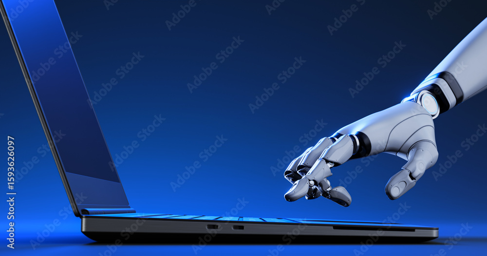 Aufkleber futuristic robot using laptop - ai artificial intelligence, technology and automation concept