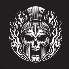 Vector illustration drawing line of skull head wear sparta Helmet army 