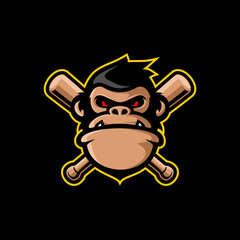 baseball sport, angry monkey head and crossed sticks