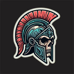 Vector illustration drawing line of skull head wear sparta Helmet army 