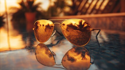 Sunglasses reflecting warm sunset glow over outdoor pool, with houses in soft focus, sky hues, people swimming and lounging, clear blue sky enhancing tranquil atmosphere.