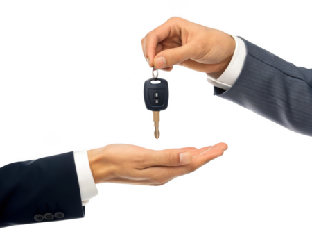 Two hands, giving and taking a car key, isolated on a transparent background