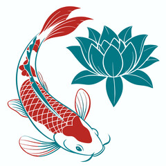 Naklejka premium Colorful Koi Fish and Lotus Flower - Asian Culture Symbolism