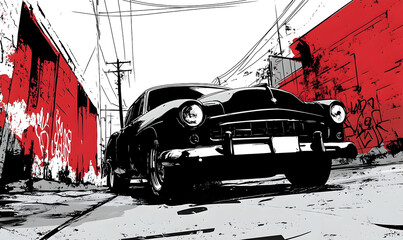 Stylized monochrome car illustration in an urban alleyway with red graffiti accents and overhead wires