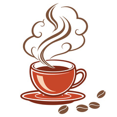 Obraz premium Hot Coffee Cup with Steam and Roasted Coffee Beans Illustration