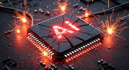 Cracked and Damaged AI Microchip on a Dark Circuit Board, Showing Erratic Red Light and Sparks from Broken Connections for AI Failure Concept
