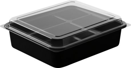 Black Plastic Food Container with Clear Lid and Four Compartments.