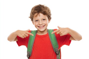 Boy in red tshirt wearing a green backpack smiling and pointing with both hands