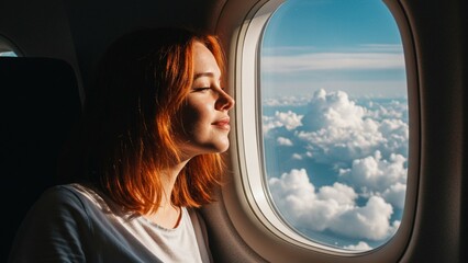 A young woman looking out of an airplane window, dreamy expression