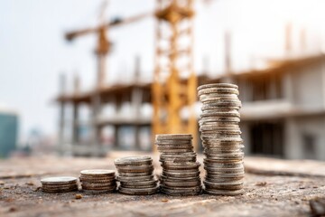 Coins stacked in ascending piles on a weathered surface construction site with crane in soft focus background