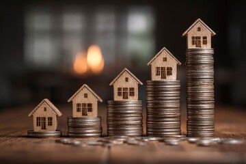 Five wooden house models ascend atop coin stacks each progressively taller arranged on a wooden surface against a blurred backdrop