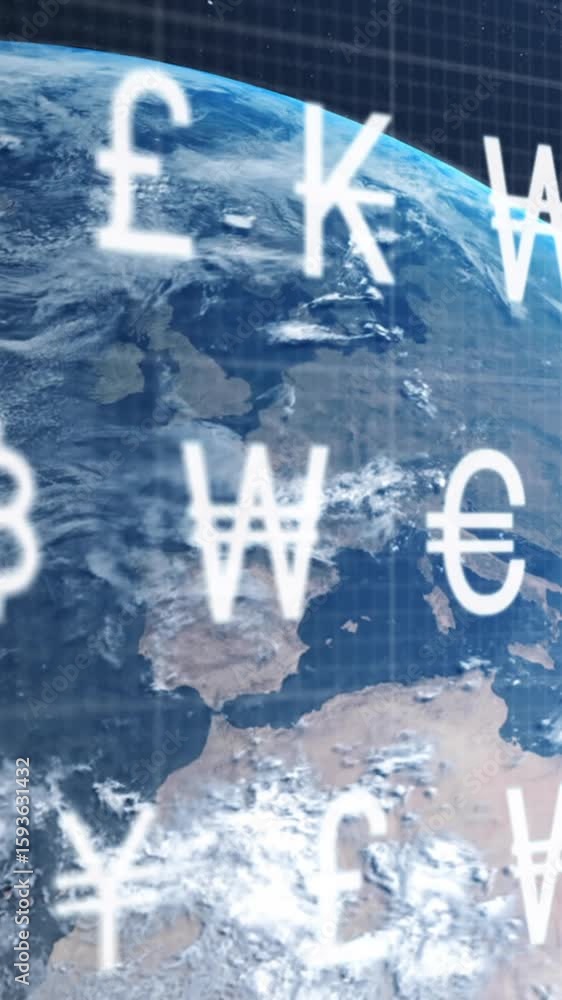 Poster animation of digital letters and numbers data processing over globe