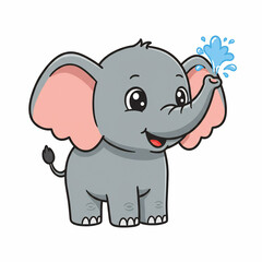 Naklejka premium Cartoon elephant spraying water from its trunk with a happy expression on a white background