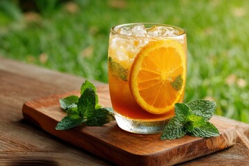 Glass of iced drink with orange slice and mint leaves on a wooden board set against a blurred green background