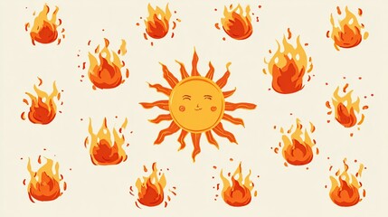 Cheerful sun surrounded by animated flames against a pale, neutral backdrop