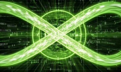 Creating Infinity Symbol within Digital Data Stream Green Glowing Background - Powered by Adobe