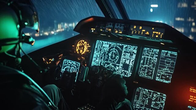 Helmeted Pilot Navigates Night Skies in Illuminated Jet Cockpit