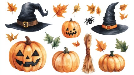 Halloween set Pumpkin, witch broom, hat, bat, spider Hand drawn watercolor illustration, isolated on white background