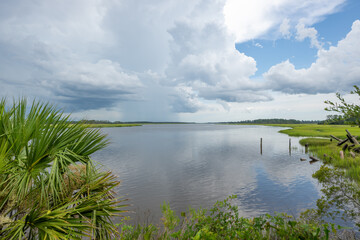 Scenic view of a calm lake surrounded by lush greenery under a cloudy sky in an outdoor setting
