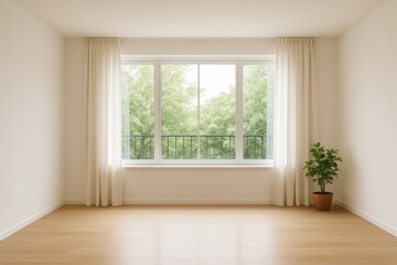 Obraz premium Bright and Simple Room with Large Window and Green View