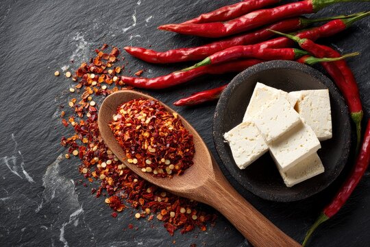Image shows chili flakes on a wooden spoon peppers and cheese cubes on a slate surface