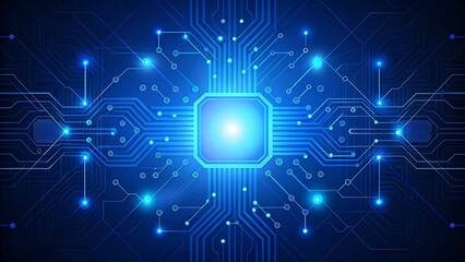 Obraz premium AI circuit board with glowing electronics elements on blue backdrop. UI and GUI design. Futuristic high tech panel of connected lines. Scientific and Technological background. Illustration.