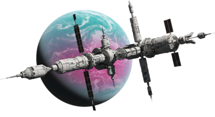 Futuristic Space Station Orbiting a Vibrant Planet in Deep Space