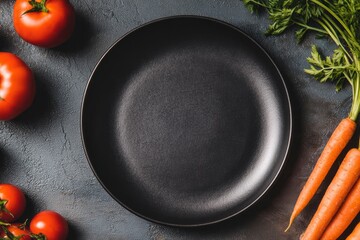 Overhead shot Black plate with carrots  tomatoes on dark surface