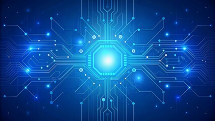 Obraz premium AI circuit board with glowing electronics elements on blue backdrop. UI and GUI design. Futuristic high tech panel of connected lines. Scientific and Technological background. Illustration.
