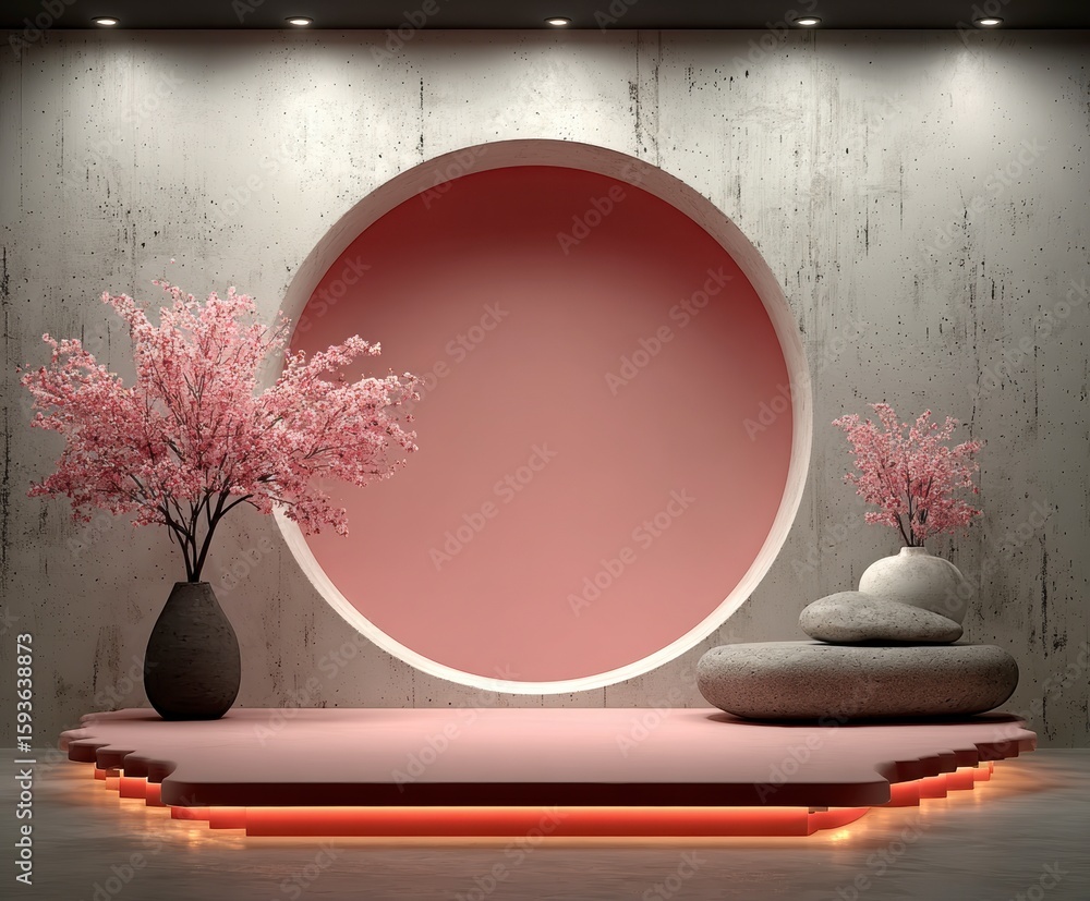 Poster serene composition: a tranquil scene showcasing an elegant display platform, adorned with delicate c