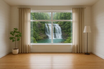 Fototapeta premium Bright Room with Nature View and Waterfall in Eco-Friendly Design