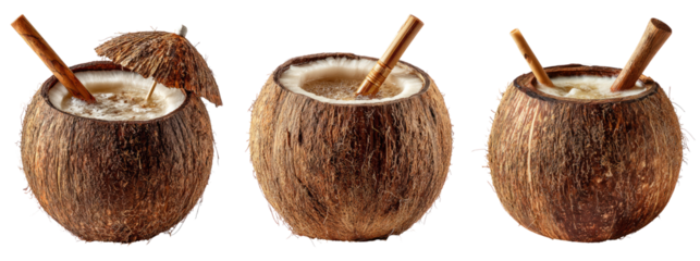 Refreshing Coconut Drinks with Wooden Straws and Umbrellas
