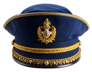 Elegant dark navy blue bicorne hat featuring detailed gold embroidery and a polished