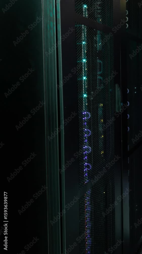 Aufkleber video of empty corridor with rows of computer servers with green and purple lights