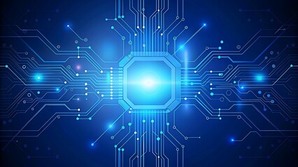 Fototapeta premium AI circuit board with glowing electronics elements on blue backdrop. UI and GUI design. Futuristic high tech panel of connected lines. Scientific and Technological background. Illustration.