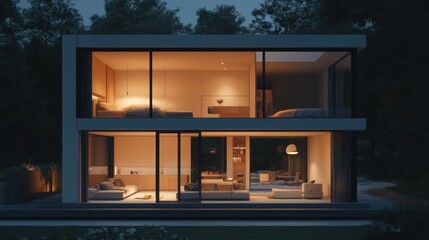 Modern, two-story house illuminated at night, nestled in a dark, wooded area, showcasing its open interior design through large glass panels