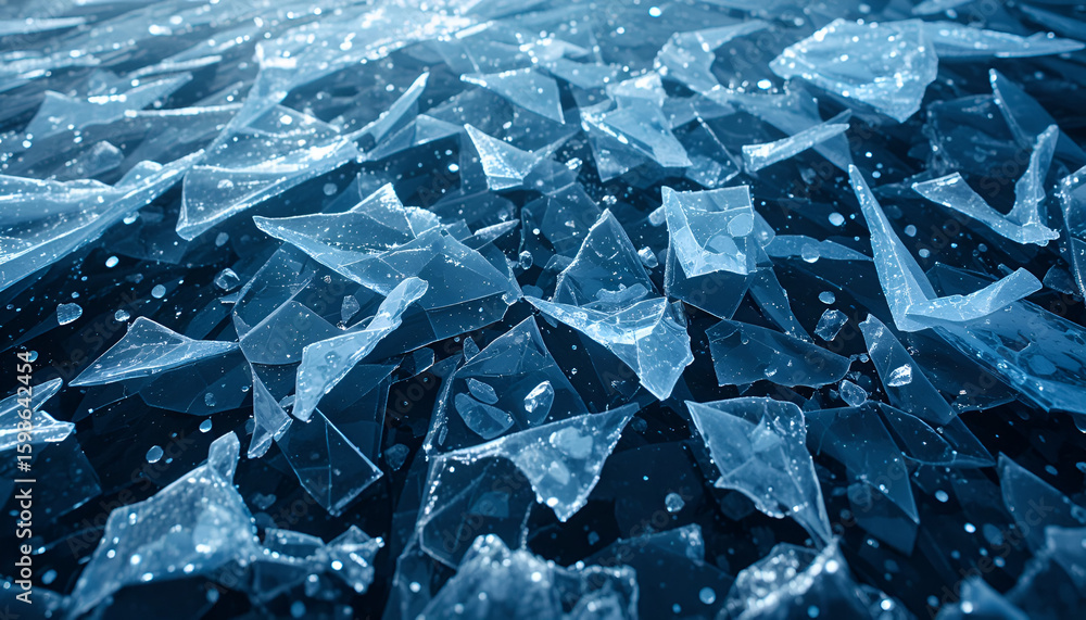 Poster shards of transparent ice scattered across a dark surface create a dazzling and mesmerizing crystall