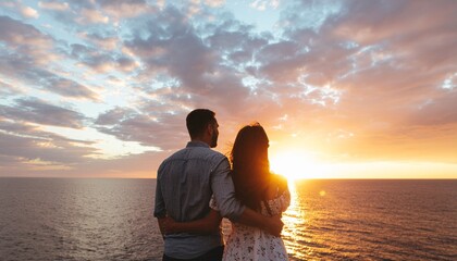 Romantic Couple Watching Vibrant Sunset Sky, Silhouetted Love Scene at Dusk