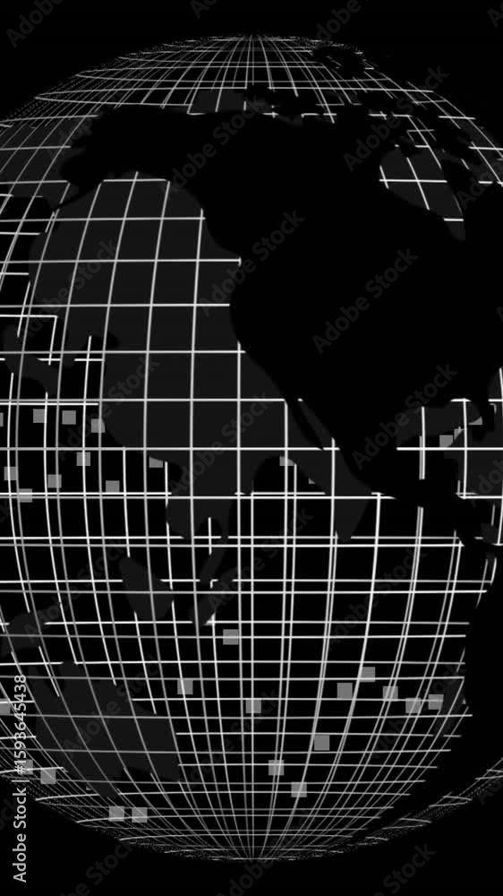 Poster rotating globe with grid lines and pixelated squares, digital world animation