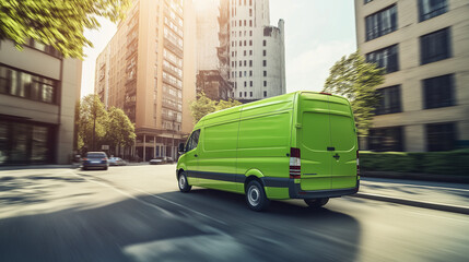 Green cargo van driving in the city 