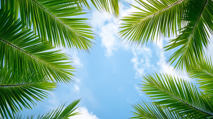 Green palm trees glowing against a blue sky blue-green perfectly cleaned with no large brown areas for a summer tropical story with room for copy 