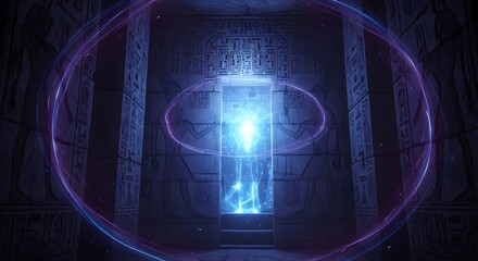 Ancient Egyptian Portal: Mystical Blue Energy Emanating from Hieroglyphic Chamber