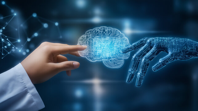 Hand of doctor and robot finger or cyborg artificial intelligence AI touching brain. Human organ virtual interface. Innovative technology in science medical health care futuristic. 3D Vector 