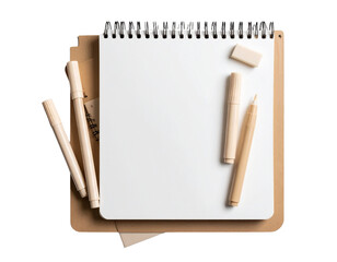  Sketchbook with Closed Cover and Neutral Supplies Resting on Top, Minimalist Centered Layout, Transparent PNG