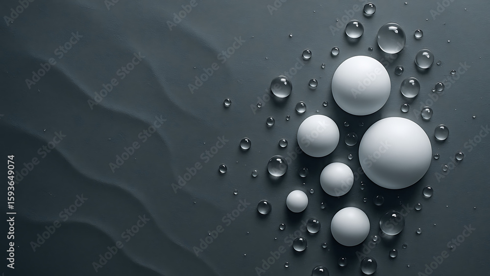 Fototapete Minimalist 3d rendering of glossy white spheres on matte black background with drops abstract fluid shape futuristic tech design or product display scene