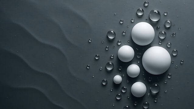 Minimalist 3d rendering of glossy white spheres on matte black background with drops abstract fluid shape futuristic tech design or product display scene