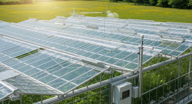 Aerial view of a large greenhouse with a glass roof surrounded by green fields on a sunny day outside