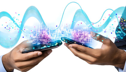 Hands exchanging data via smartphones, with light trails and digital city overlayed on screens